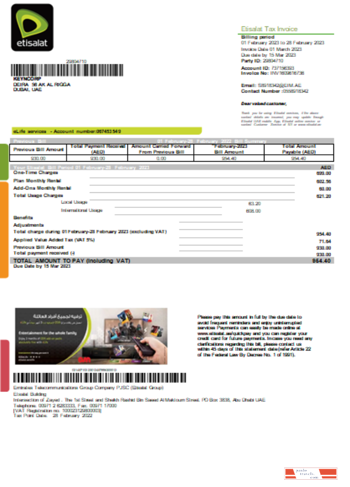 Etisalat utility business bill, SCR PSD template
